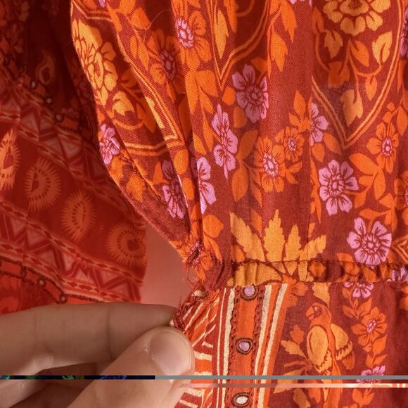 Farm Rio Anthropologie Dress Women's Medium Orange Red Floral Open Back Tie - Picture 2 of 16